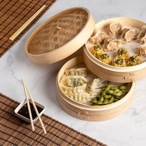 Traditional 10 Inch Bamboo Steamer Basket 2 Tier for Dumplings Buns Vegetables